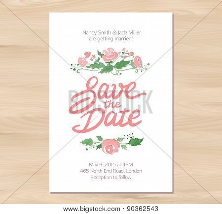 Vector wedding invitation with watercolor flowers and hand drawn