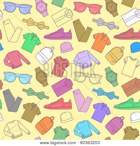 Seamless pattern of mens clothing items.