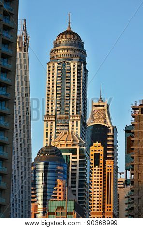 Skyscrapers in Dubai Marina at sunset