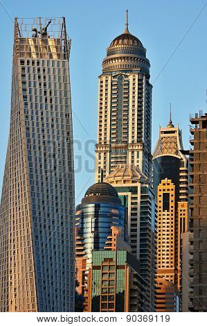 Skyscrapers in Dubai Marina at sunset