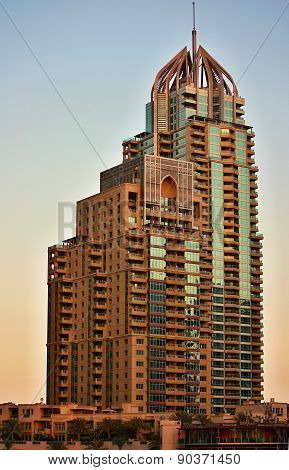 Skyscraper in Dubai Marina at sunset, United Arab Emirates