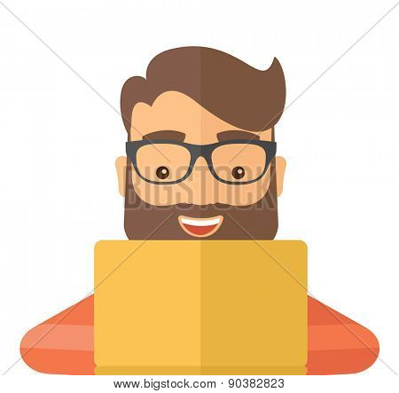 Man making a purchase using laptop with internet in online shopping with promo discount. A contemporary style. Vector flat design illustration with isolated white background. Square layout.
