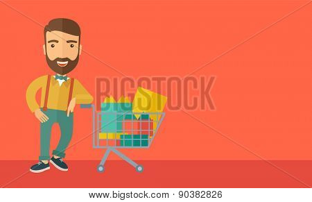 A happy man standing with his shopping cart. A Contemporary style with pastel palette, soft orange tinted background. Vector flat design illustrations. Horizontal layout with text space in right side.