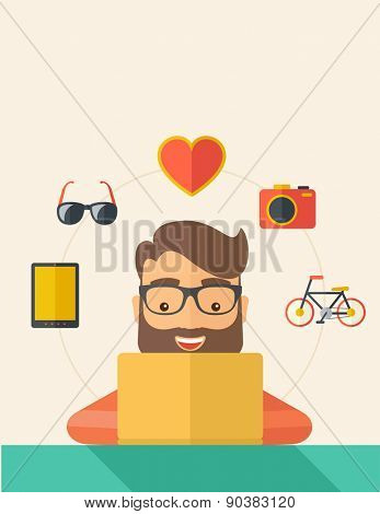 Man making a purchase using laptop with internet in online shopping with promo discount. A Contemporary style with pastel palette, soft beige tinted background. Vector flat design illustration