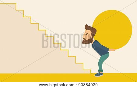 A businessman sacrifice in carrying a big ball going up to reach the goal. A Contemporary style with pastel palette, soft beige tinted background. Vector flat design illustration. Horizontal layout.
