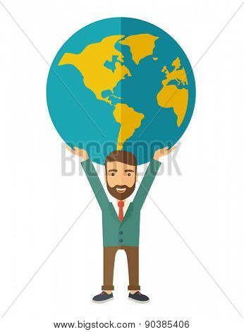 A businessman carrying big globe it is a symbol that he is number one in the world in business society. A Contemporary style. Vector flat design illustration isolated white background. Vertical layout