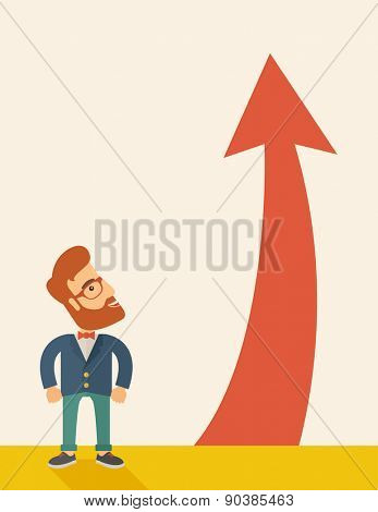 A hipster businessman standing beside the red arrow pointing up. Successful business concept. A Contemporary style with pastel palette, soft beige tinted background. Vector flat design illustration