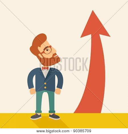 A hipster businessman standing beside the red arrow pointing up. Successful business concept. A Contemporary style with pastel palette, soft beige tinted background. Vector flat design illustration