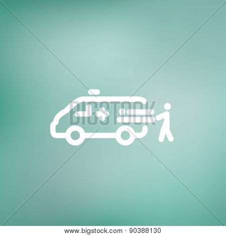 Man and ambulance car icon thin line for web and mobile, modern minimalistic flat design. Vector white icon on gradient mesh background.