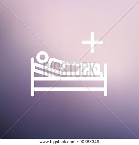 Patient is lying on medical bed icon thin line for web and mobile, modern minimalistic flat design. Vector white icon on gradient mesh background.