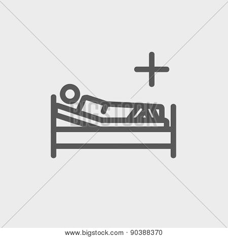 Patient is lying on medical bed icon thin line for web and mobile, modern minimalistic flat design. Vector dark grey icon on light grey background.