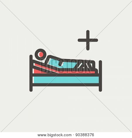 Patient is lying on medical bed icon thin line for web and mobile, modern minimalistic flat design. Vector icon with dark grey outline and offset colour on light grey background.