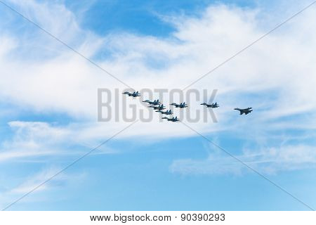 Flight Military Fighter Aircrafts In White Clouds