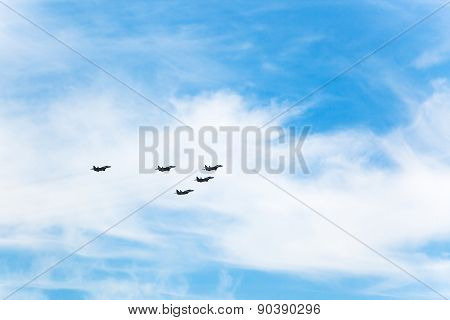 Flight Military Fighter Airplanes In White Clouds