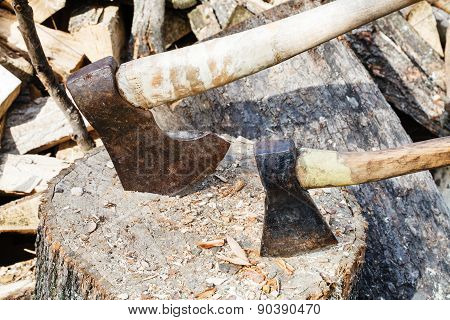 Two Axes In Block For Chopping Firewood
