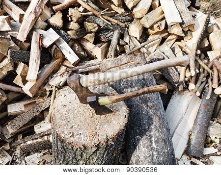 Pile Of Wood, Deck For Chopping Firewood, Two Axes