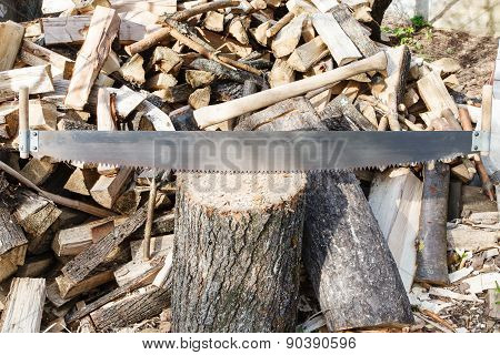 Two-handled Saw And Ax In Chopping Block
