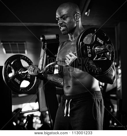Strong bodybuilder with six pack, perfect abs, shoulders, biceps, triceps and chest