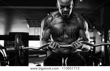 Strong bodybuilder with six pack, perfect abs, shoulders, biceps, triceps and chest