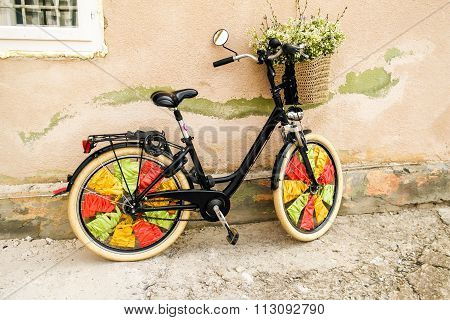 bicycle with a basket with flowers