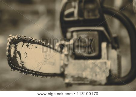 Man sawing a log in his back yard with orange saw
