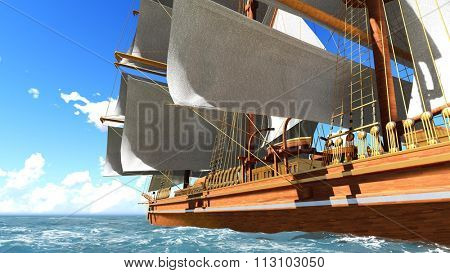 Ancient Pirate brigantine at sea