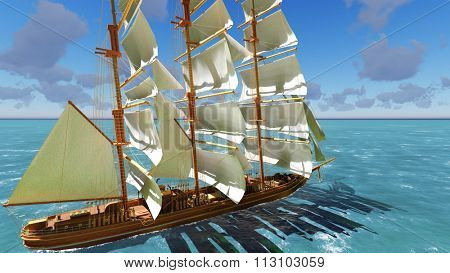 Ancient Pirate brigantine at sea