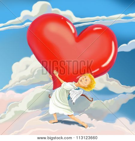 Angel Cupid Brings Heart Of Love.
