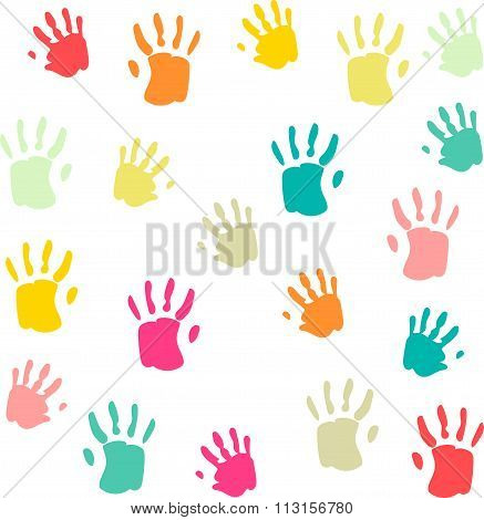 Cute and colorful baby palmprints seamless pattern white background