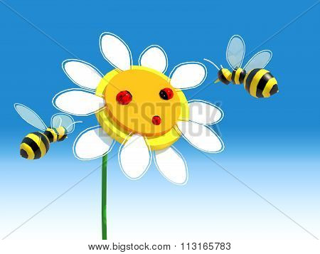 Two honey bees flying around a happy flower