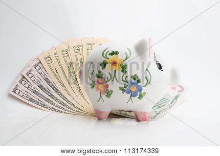 Piggy bank and US Dollar bills