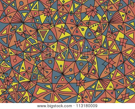 Colorful abstract pattern with four fishes and floral elements