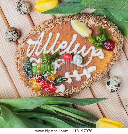 Traditional Easter Cake On Wooden Table