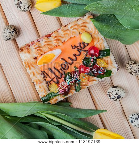 Traditional Easter Cake On Wooden Table
