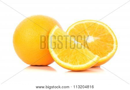 Whole Orange Fruit And His Segments Or Cantles Isolated On White Background Cutout