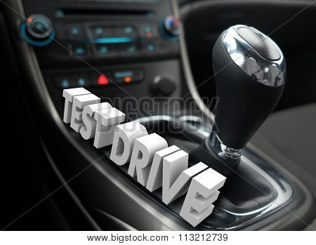 Test Drive words in 3d letters on a car, auto or vehicle cockpit for evaluation or review