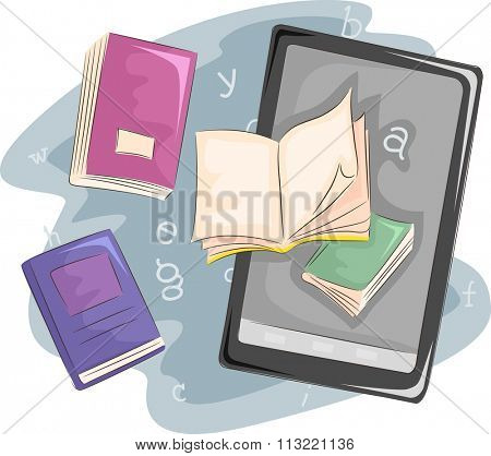 Illustration of Books Sitting Side by Side with an Ebook Reader