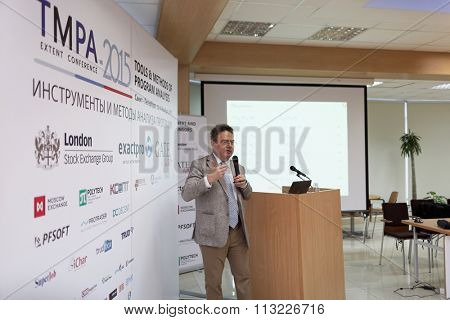 ST. PETERSBURG, RUSSIA - NOVEMBER 13, 2015: Creator of Eiffel programming language Bertrand Meyer at the conference Tools & Methods of Program Analysis in the Saint-Petersburg Polytechnic University