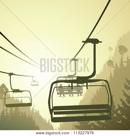 Illustration Of Mountain Forest With Ski Lift.
