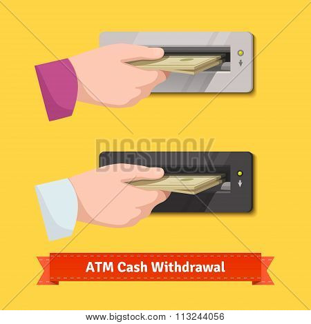 Human hand putting banknotes to ATM cash validator
