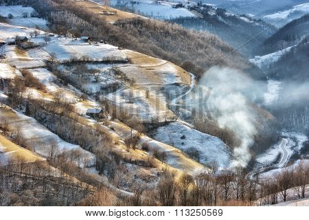 Frozen Sunny Day Of A Winter, On Wild Transylvania Hills. Holbav. Romania. Low Key, Dark Background,