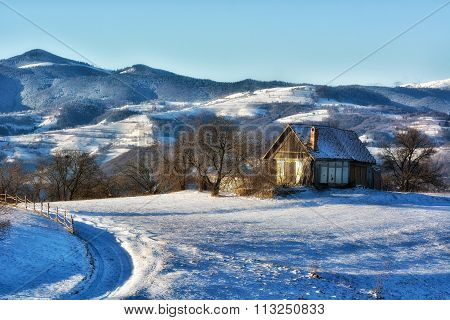 Frozen Sunny Day Of A Winter, On Wild Transylvania Hills. Holbav. Romania. Low Key, Dark Background,
