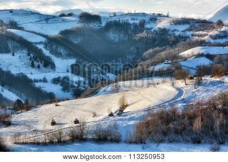 Frozen Sunny Day Of A Winter, On Wild Transylvania Hills. Holbav. Romania. Low Key, Dark Background,