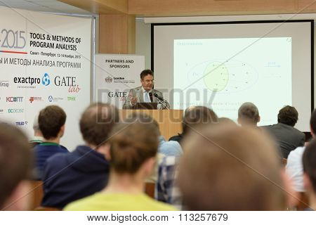 ST. PETERSBURG, RUSSIA - NOVEMBER 13, 2015: Creator of Eiffel programming language Bertrand Meyer at the conference Tools & Methods of Program Analysis in the Saint-Petersburg Polytechnic University