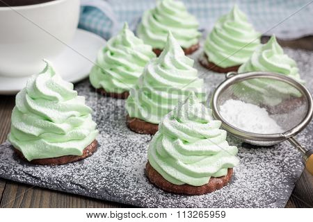 Homemade Apple Zefir Fir-tree, Placed On Chocolate Cookie And Decorated With Sugar Balls
