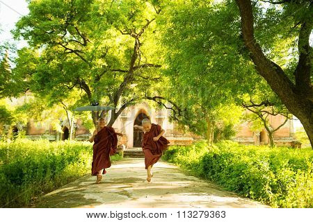 Two little playful Buddhist novice monks running outdoors under shade of green tree, outside monastery, Myanmar.