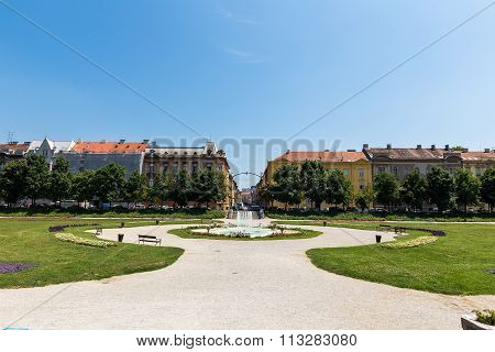 Fountains In Zagreb, One Of The Oldest Parks In City. Zagreb, Croatia.