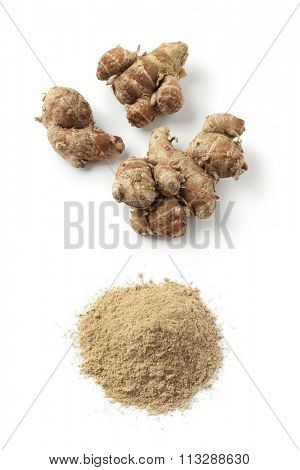 Fresh kencur roots and ground kencur powder on white background