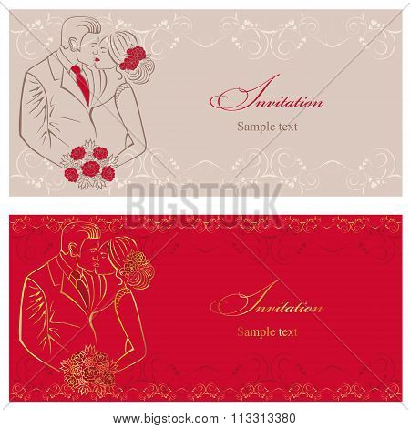 Newlyweds. Couple with wedding bouquet. Wedding invitation.