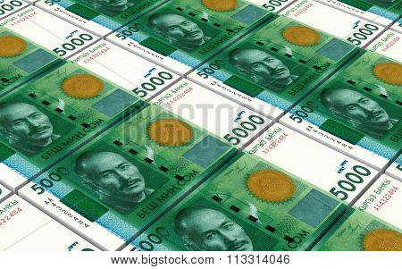 Kyrgyzstani som bills stacks background. Computer generated 3D photo rendering.